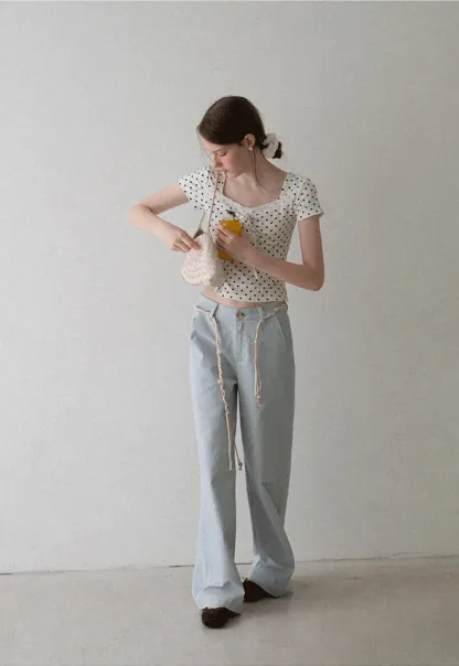 Polka Dot Square Neck Drawstring Cropped T Shirt