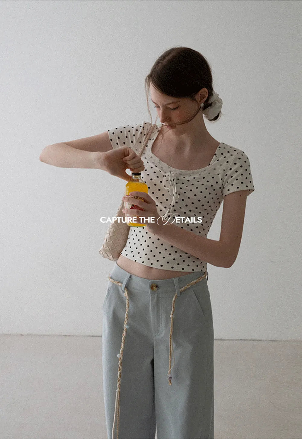 Polka Dot Square Neck Drawstring Cropped T Shirt