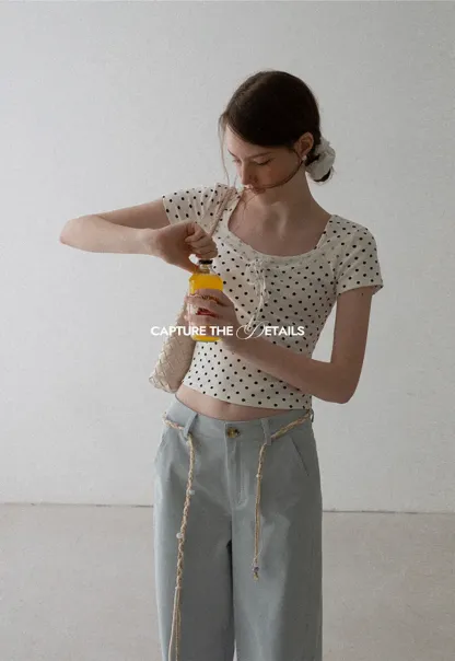 Polka Dot Square Neck Drawstring Cropped T Shirt