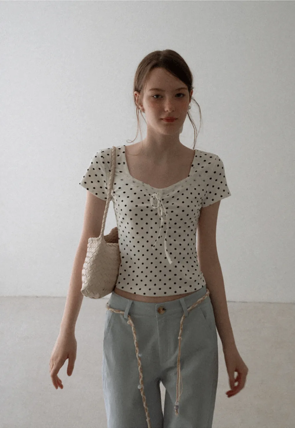 Polka Dot Square Neck Drawstring Cropped T Shirt