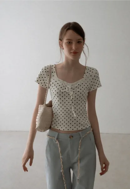 Polka Dot Square Neck Drawstring Cropped T Shirt
