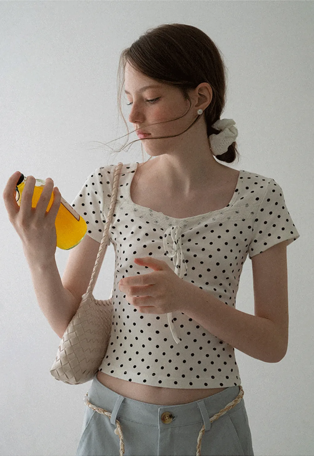 Polka Dot Square Neck Drawstring Cropped T Shirt