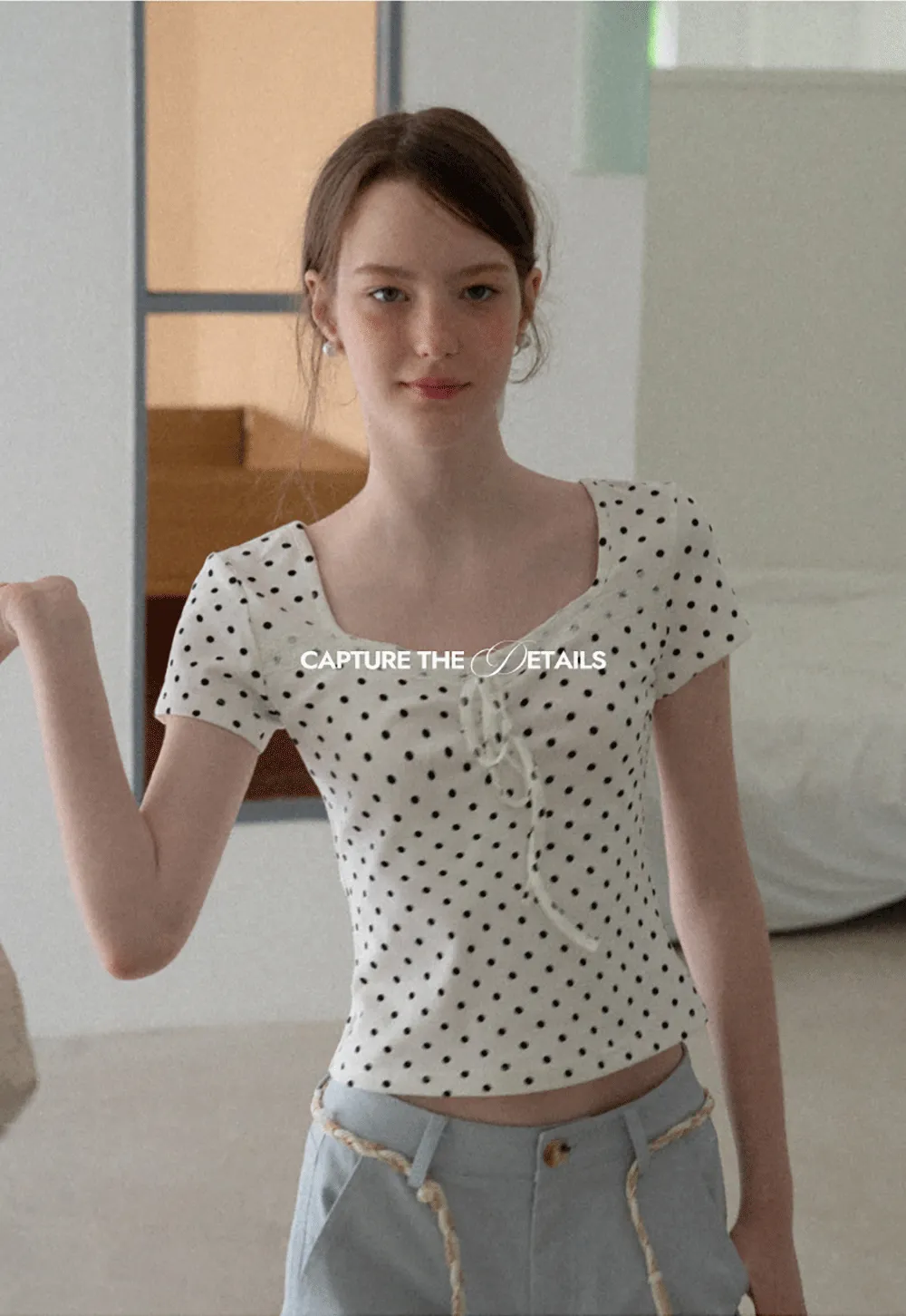 Polka Dot Square Neck Drawstring Cropped T Shirt