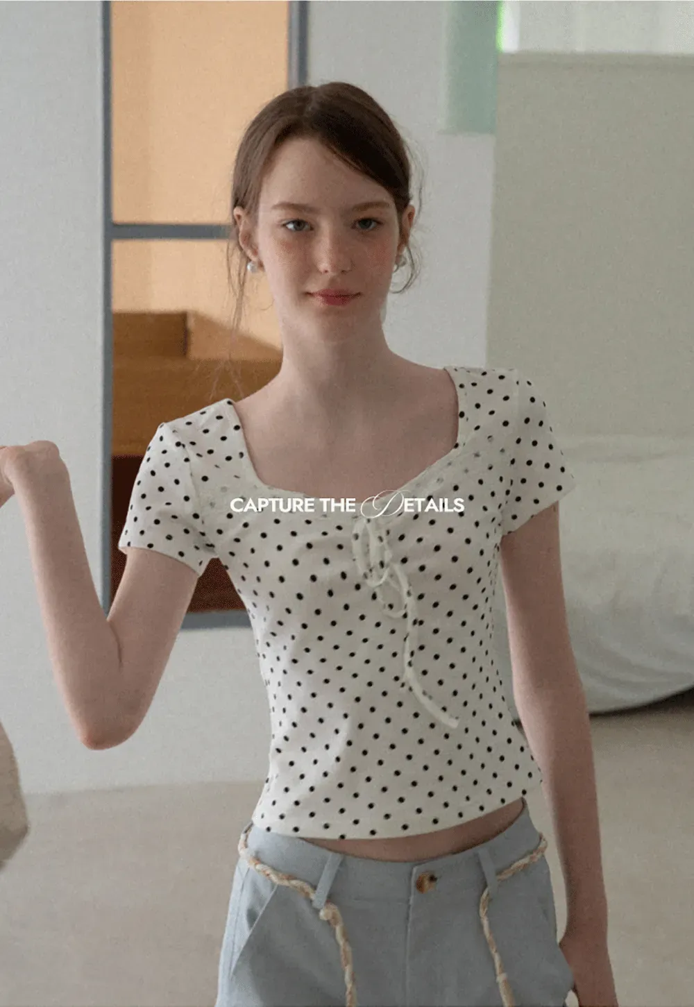 Polka Dot Square Neck Drawstring Cropped T Shirt