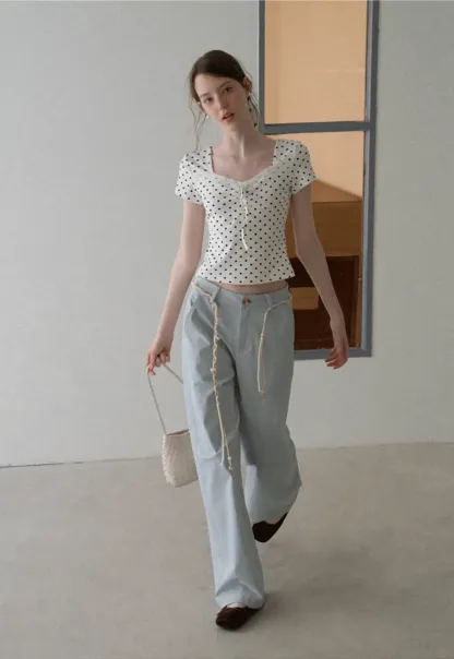 Polka Dot Square Neck Drawstring Cropped T Shirt