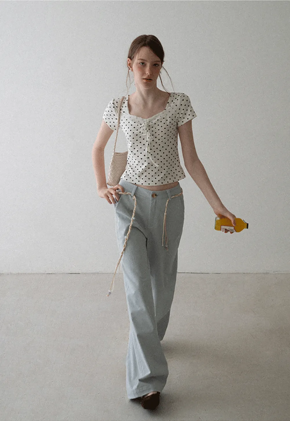 Polka Dot Square Neck Drawstring Cropped T Shirt