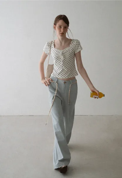 Polka Dot Square Neck Drawstring Cropped T Shirt