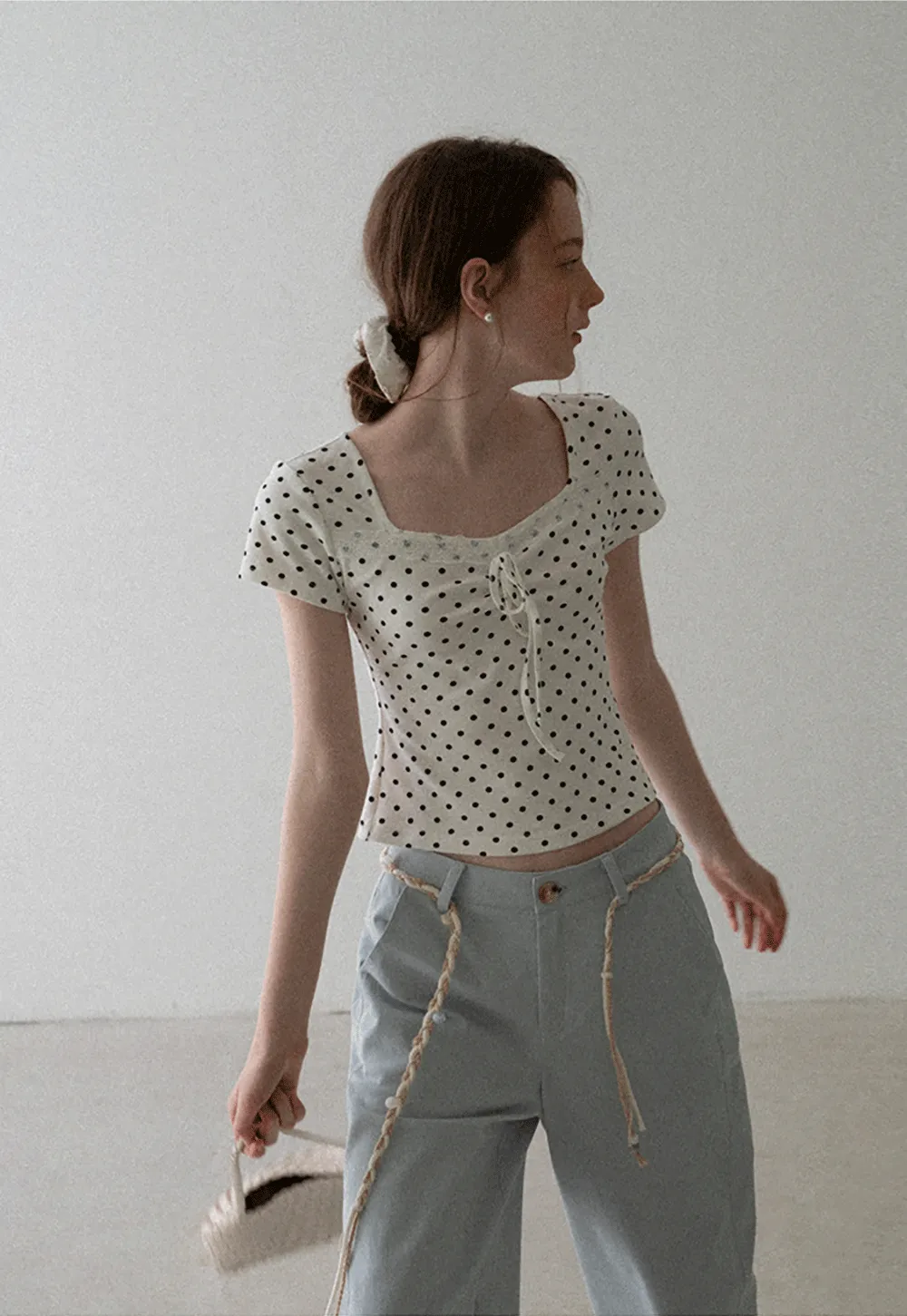 Polka Dot Square Neck Drawstring Cropped T Shirt