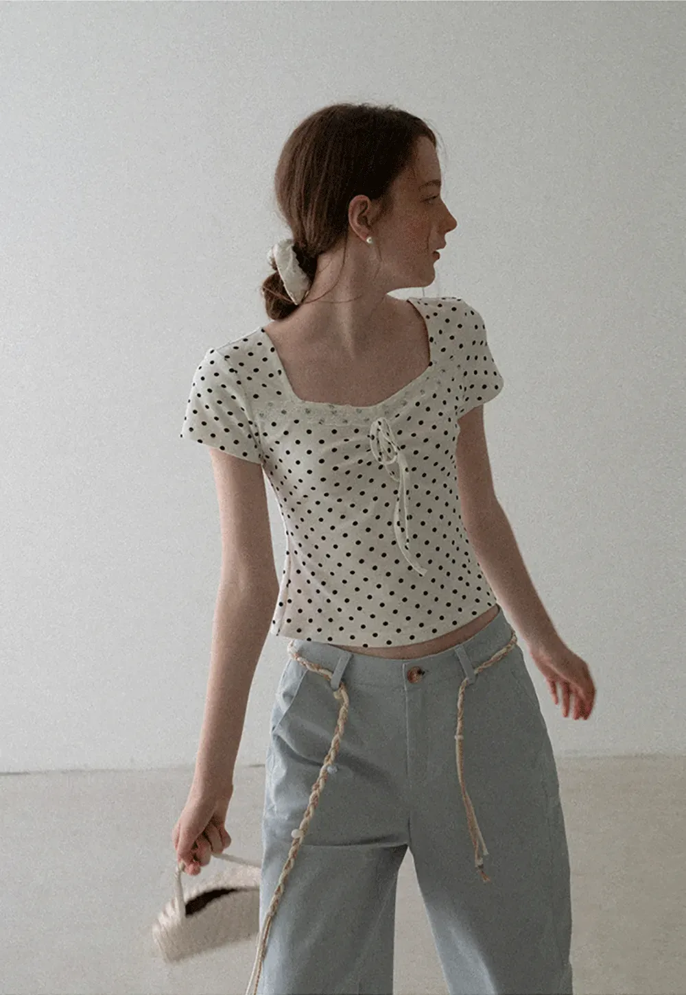 Polka Dot Square Neck Drawstring Cropped T Shirt