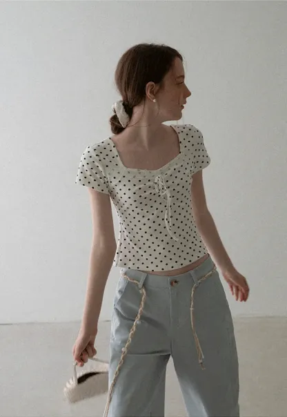 Polka Dot Square Neck Drawstring Cropped T Shirt