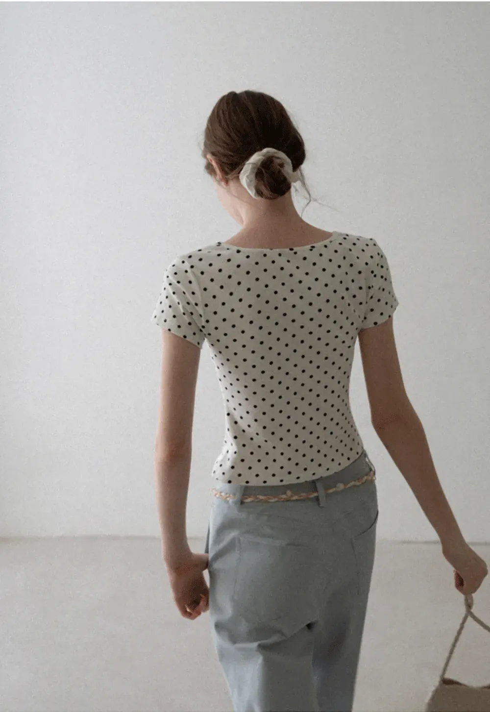 Polka Dot Square Neck Drawstring Cropped T Shirt