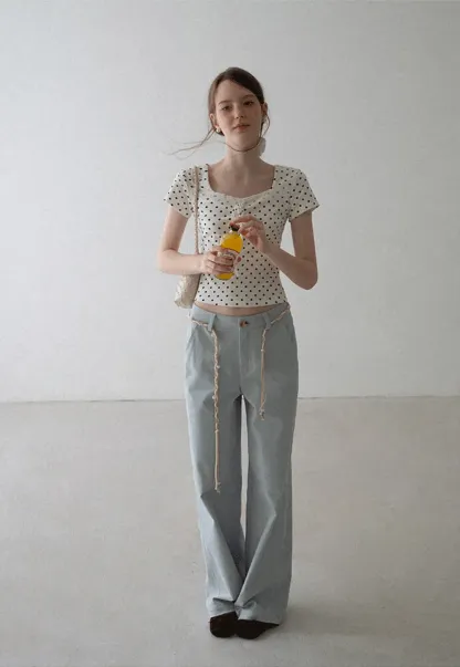 Polka Dot Square Neck Drawstring Cropped T Shirt