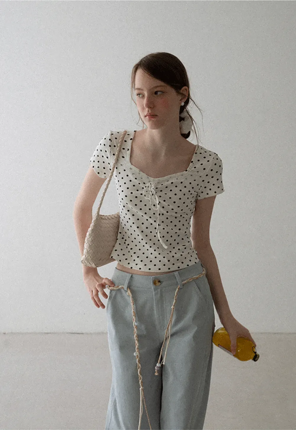Polka Dot Square Neck Drawstring Cropped T Shirt