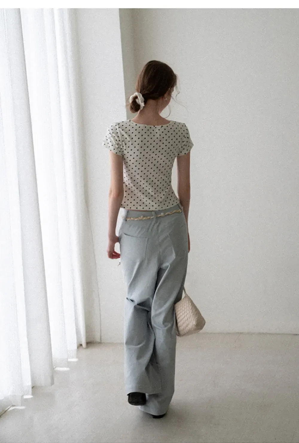 Polka Dot Square Neck Drawstring Cropped T Shirt