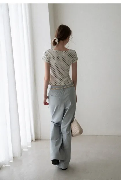 Polka Dot Square Neck Drawstring Cropped T Shirt