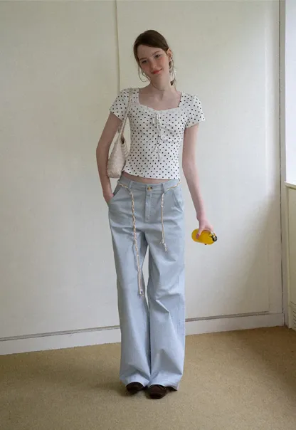 Polka Dot Square Neck Drawstring Cropped T Shirt