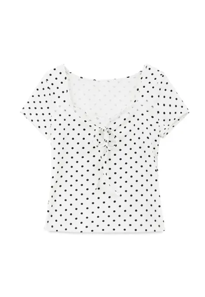 Polka Dot Square Neck Drawstring Cropped T Shirt