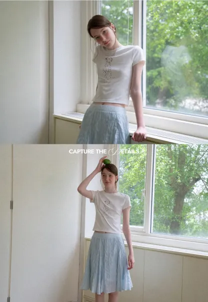 Cropped Tshirt with Dalmatian Print and Rounded Hem