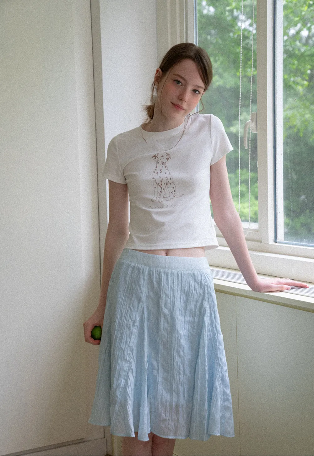 Cropped Tshirt with Dalmatian Print and Rounded Hem