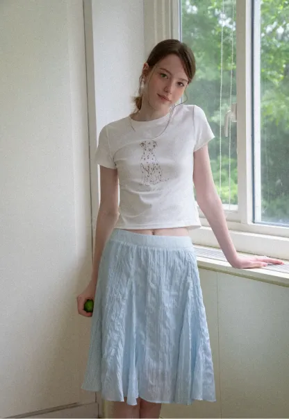 Cropped Tshirt with Dalmatian Print and Rounded Hem