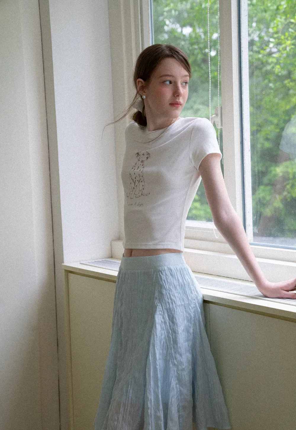 Cropped Tshirt with Dalmatian Print and Rounded Hem