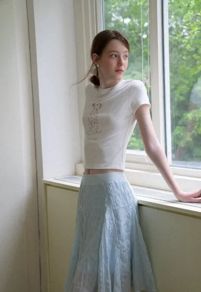Cropped Tshirt with Dalmatian Print and Rounded Hem