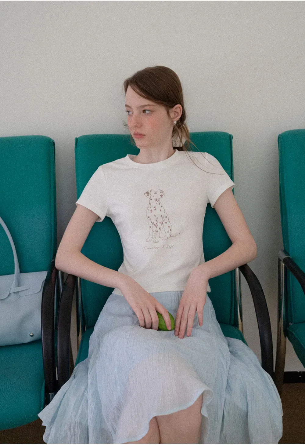 Cropped Tshirt with Dalmatian Print and Rounded Hem