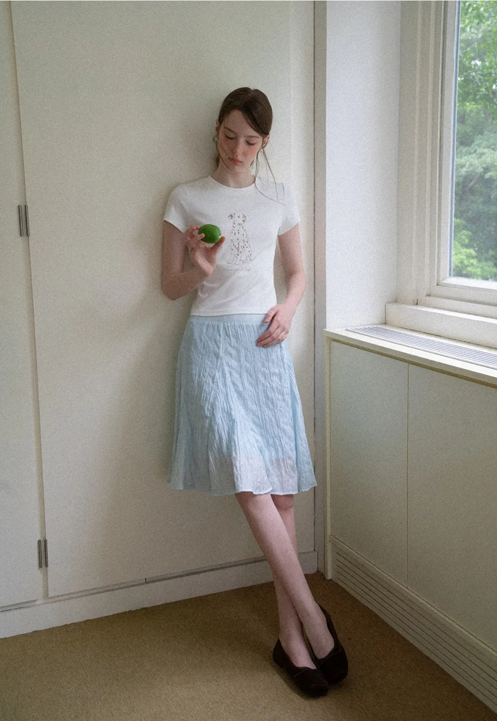 Cropped Tshirt with Dalmatian Print and Rounded Hem