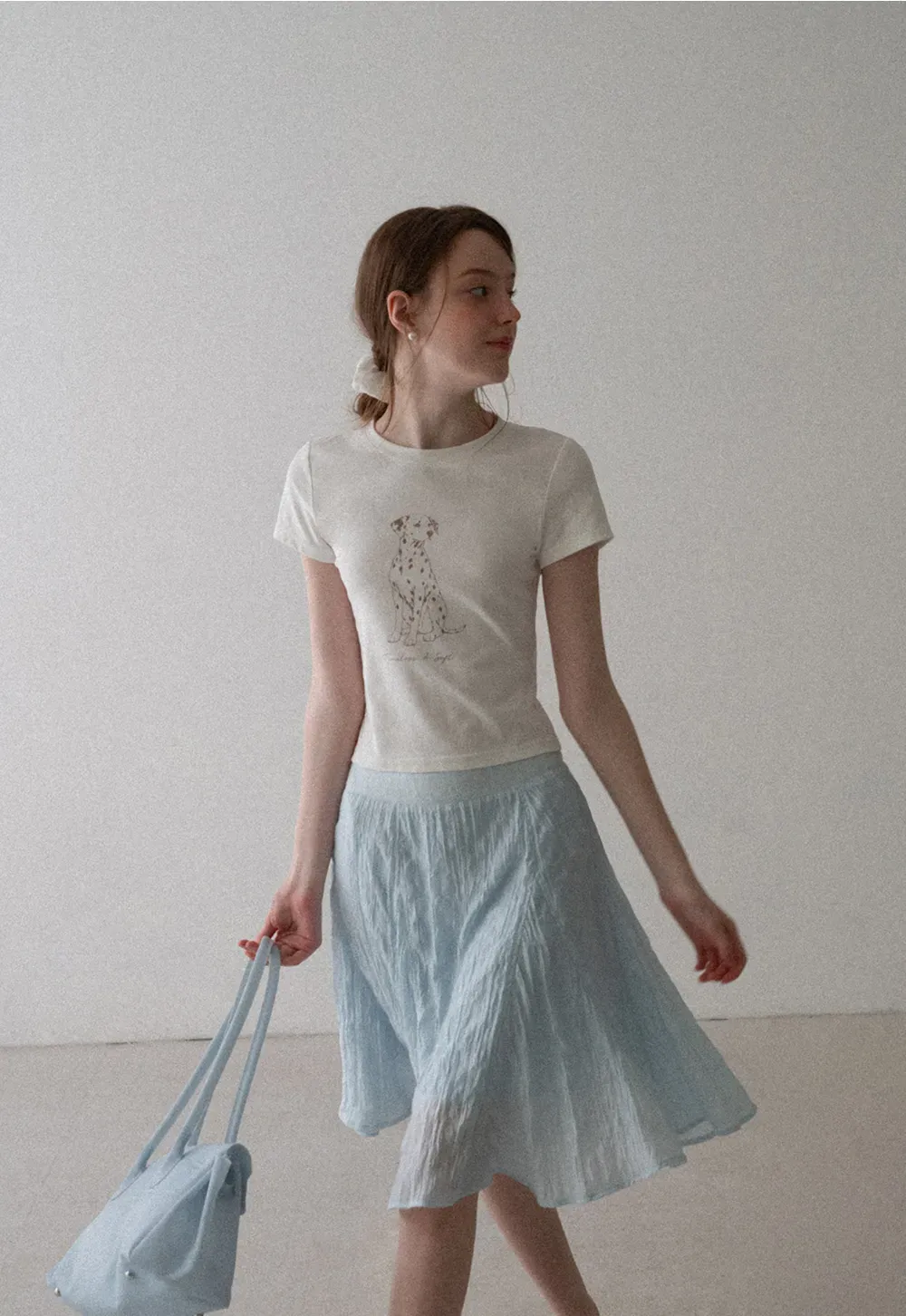 Cropped Tshirt with Dalmatian Print and Rounded Hem