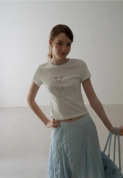 Cropped Tshirt with Dalmatian Print and Rounded Hem