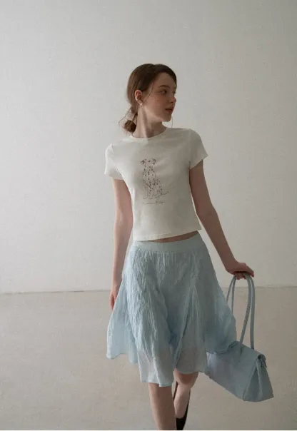 Cropped Tshirt with Dalmatian Print and Rounded Hem