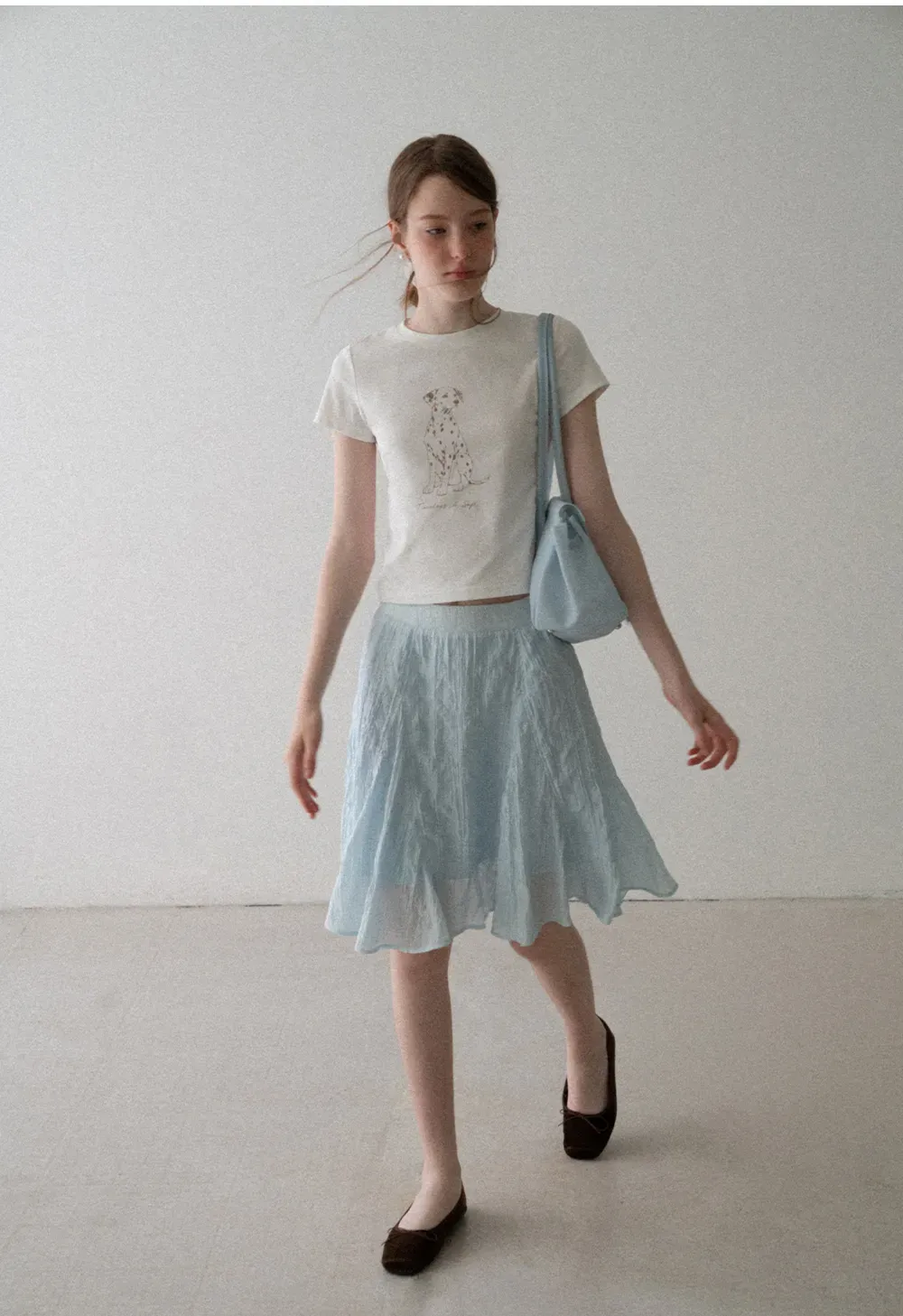 Cropped Tshirt with Dalmatian Print and Rounded Hem