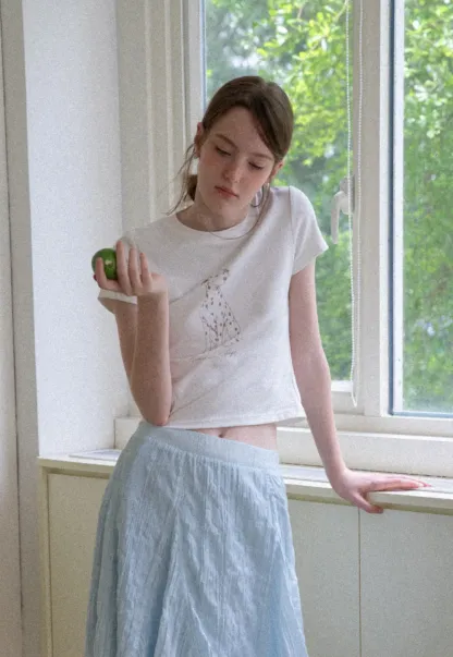 Cropped Tshirt with Dalmatian Print and Rounded Hem