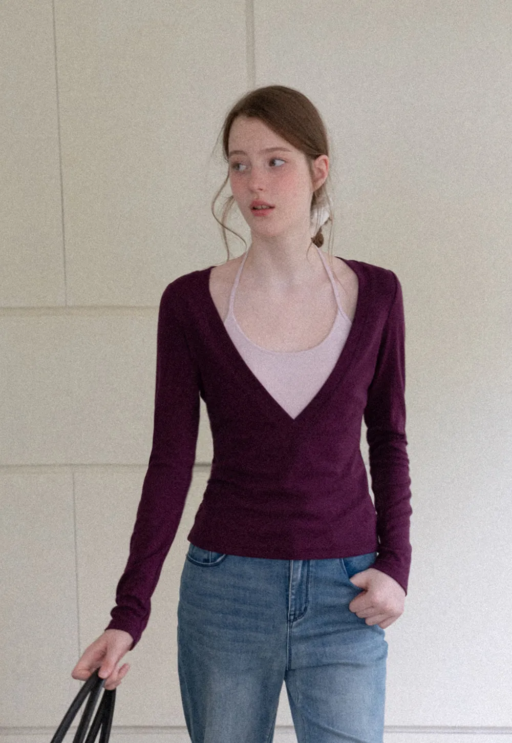 Deep V Neck Layered Long Sleeve Top