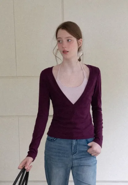 Deep V Neck Layered Long Sleeve Top