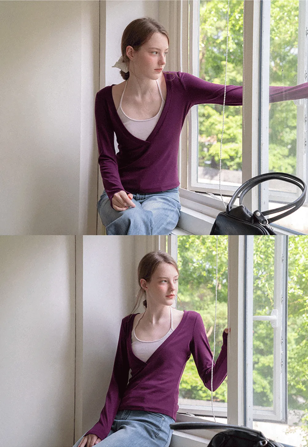 Deep V Neck Layered Long Sleeve Top