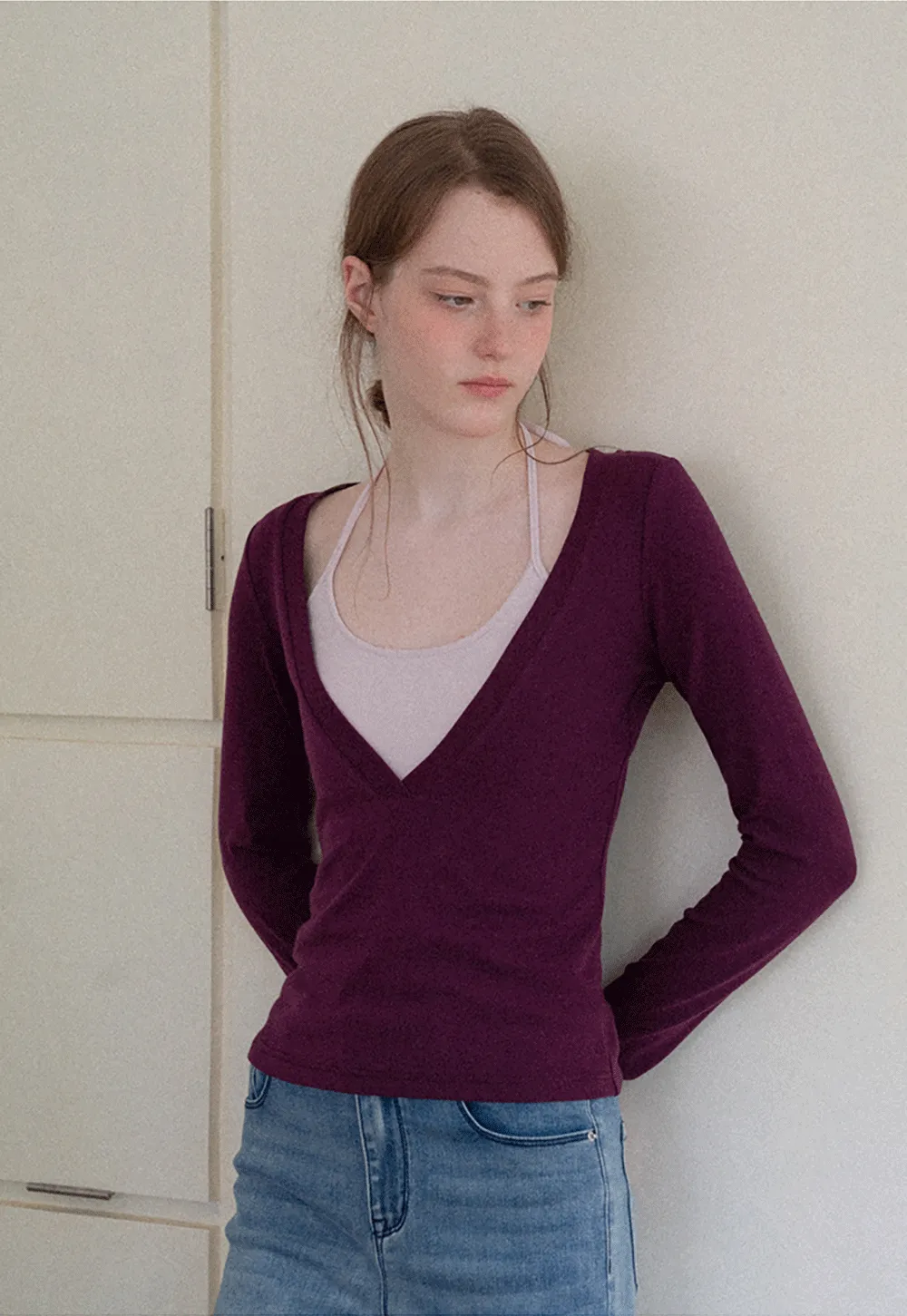 Deep V Neck Layered Long Sleeve Top