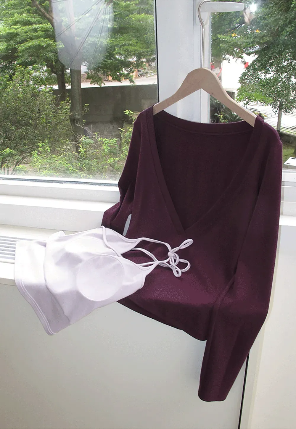 Deep V Neck Layered Long Sleeve Top