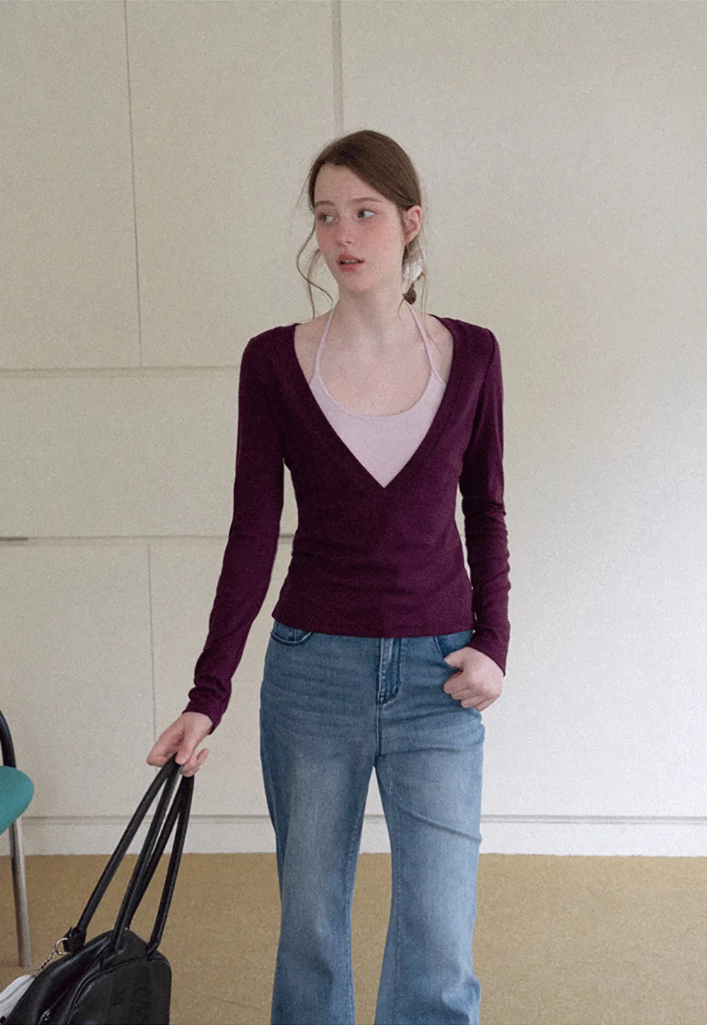 Deep V Neck Layered Long Sleeve Top