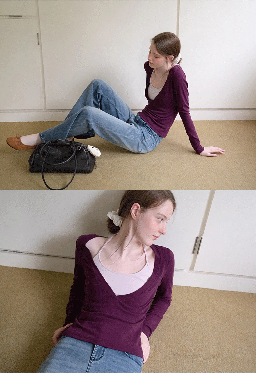 Deep V Neck Layered Long Sleeve Top