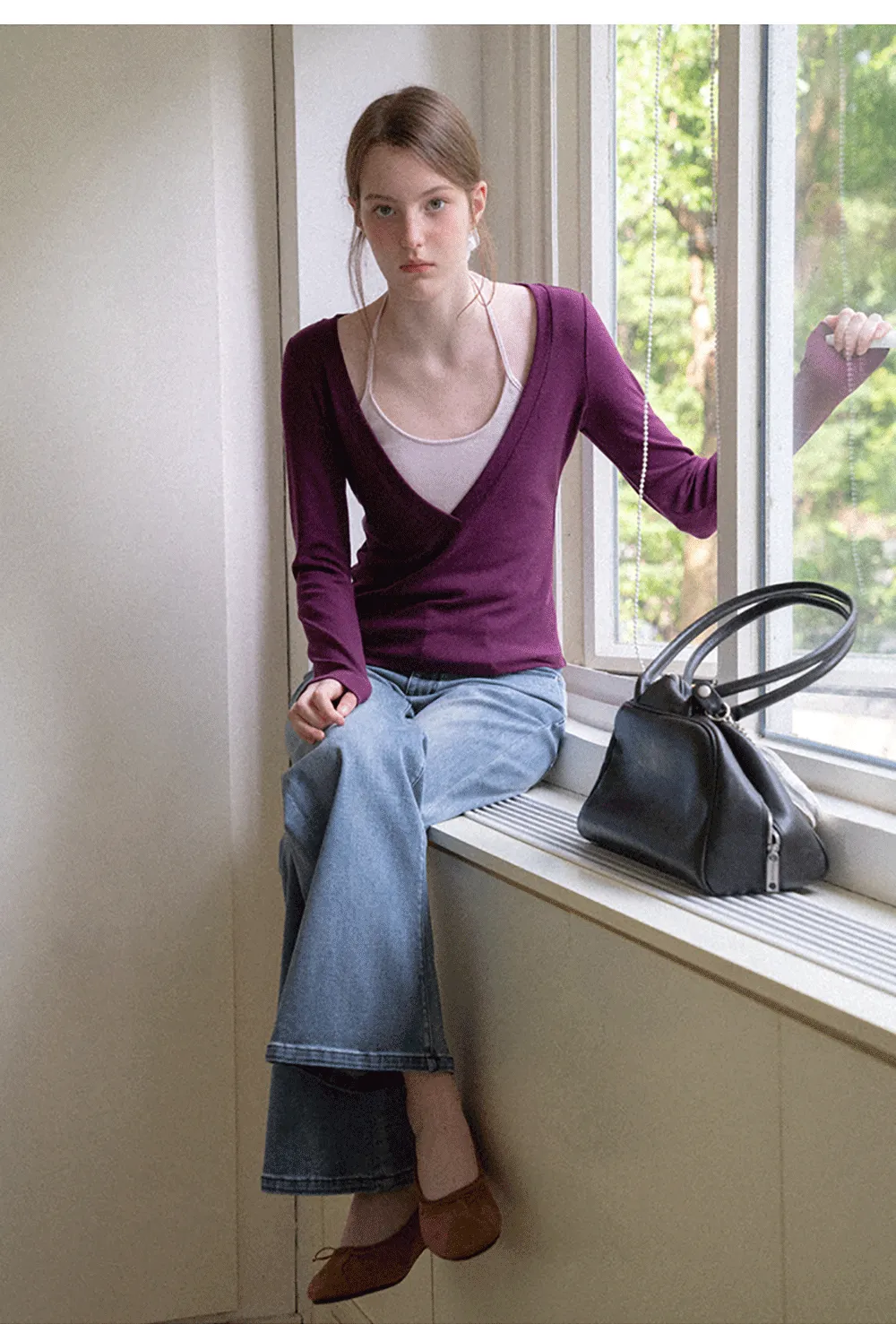 Deep V Neck Layered Long Sleeve Top