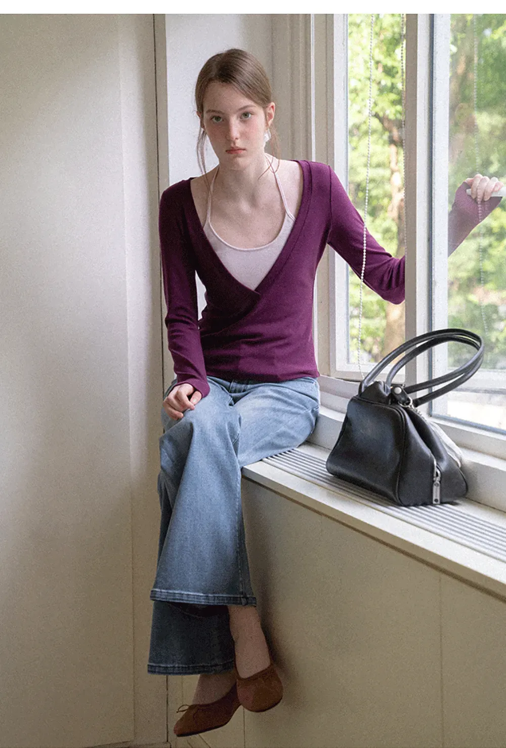 Deep V Neck Layered Long Sleeve Top
