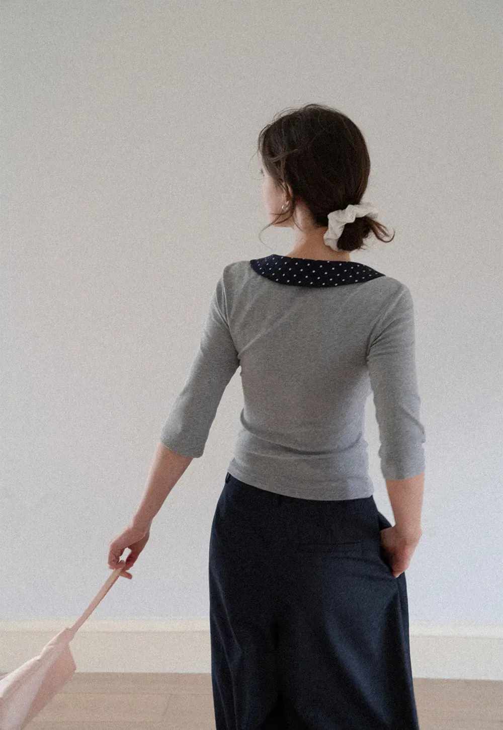 Polka Dot Peter Pan Collar Three Quarter Sleeve T Shirt