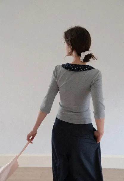Polka Dot Peter Pan Collar Three Quarter Sleeve T Shirt