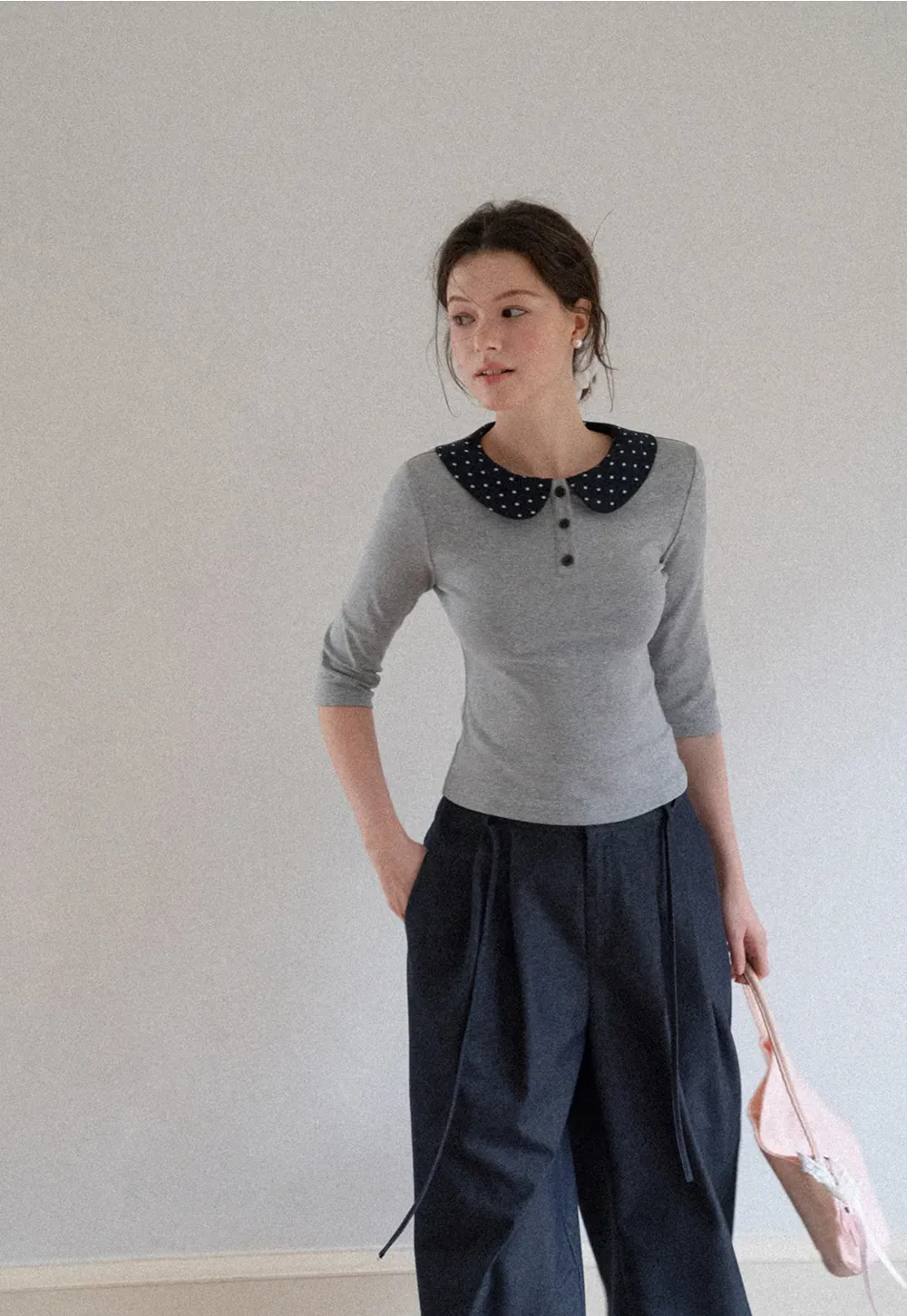 Polka Dot Peter Pan Collar Three Quarter Sleeve T Shirt