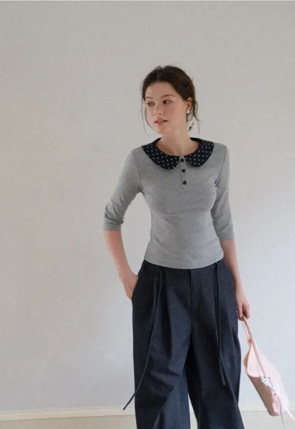 Polka Dot Peter Pan Collar Three Quarter Sleeve T Shirt