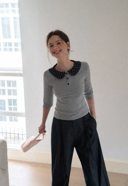 Polka Dot Peter Pan Collar Three Quarter Sleeve T Shirt