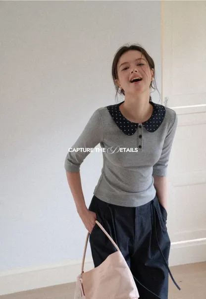 Polka Dot Peter Pan Collar Three Quarter Sleeve T Shirt