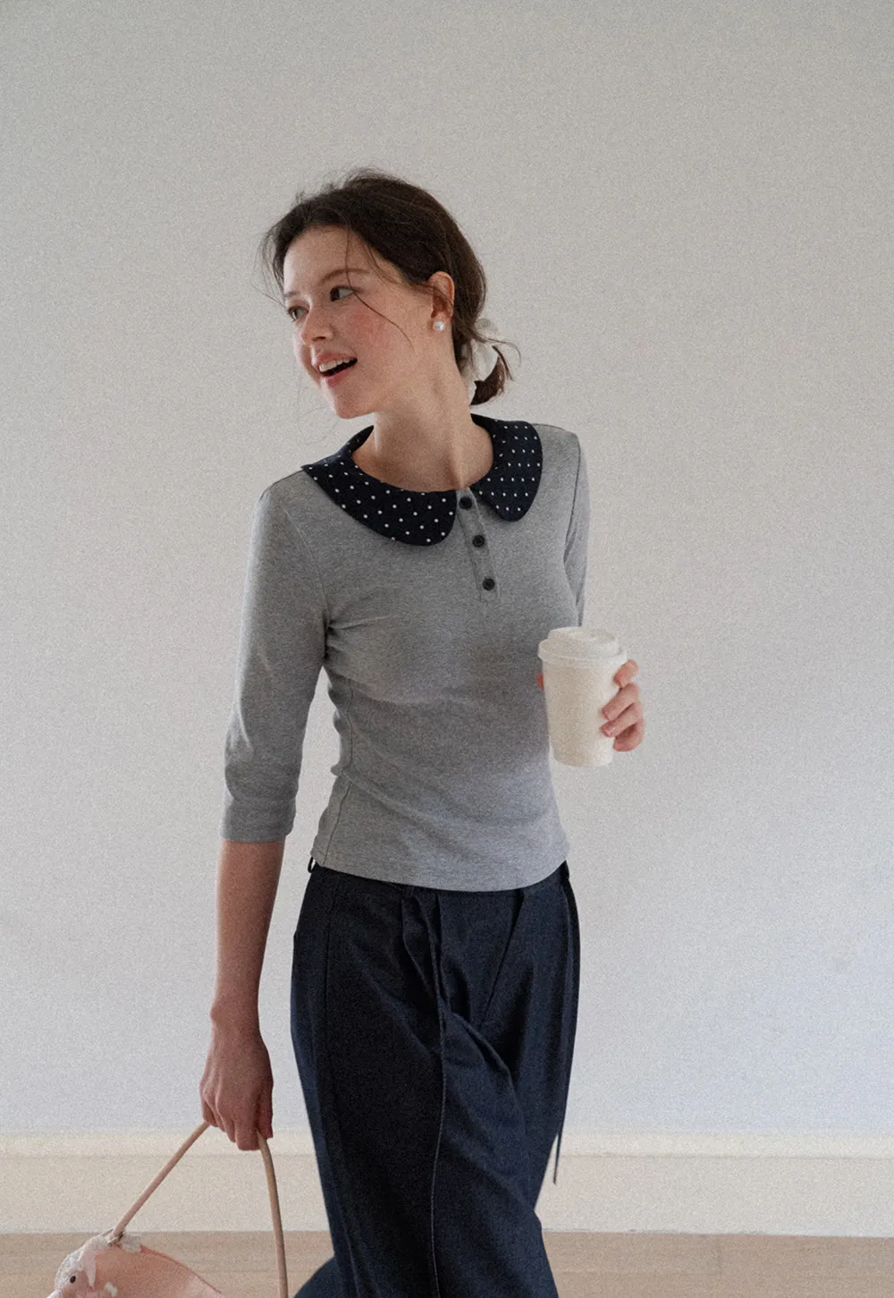 Polka Dot Peter Pan Collar Three Quarter Sleeve T Shirt