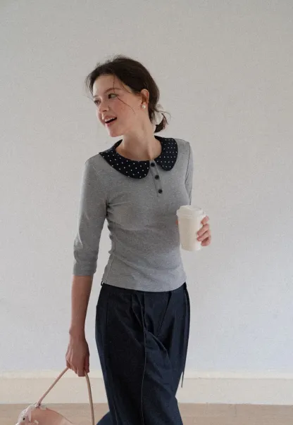 Polka Dot Peter Pan Collar Three Quarter Sleeve T Shirt